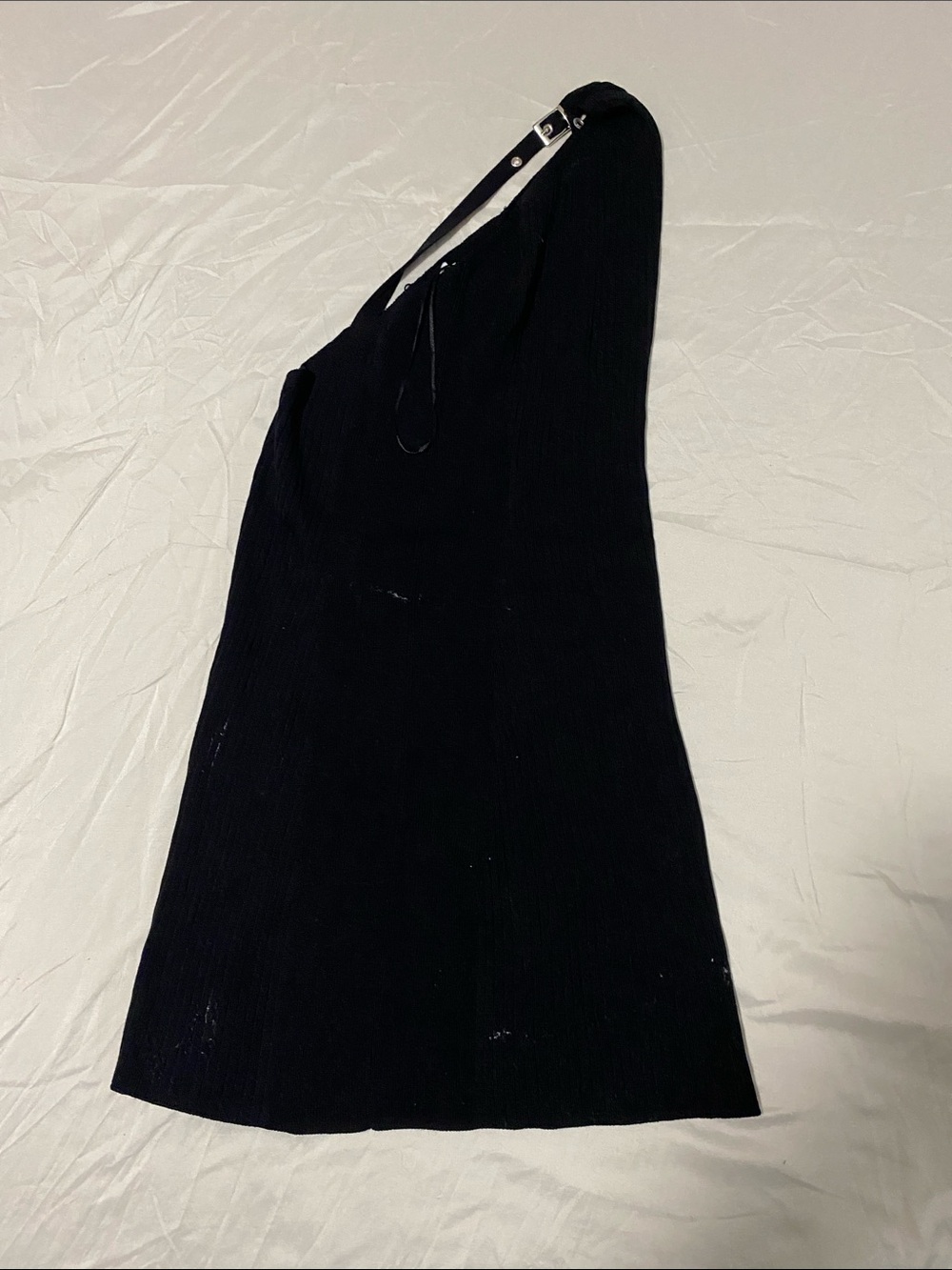 Zara One-Shoulder Black Ribbed Mini Dress with Buckle Strap